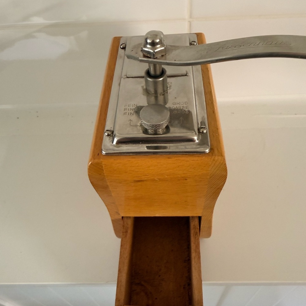Source Unknown Silver and Wood Coffee Grinder
